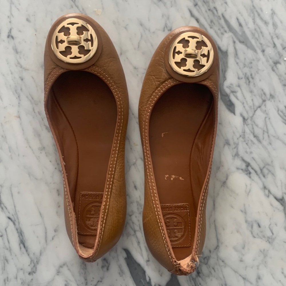 Tory Burch Tan Peep Toe Leather Wedges